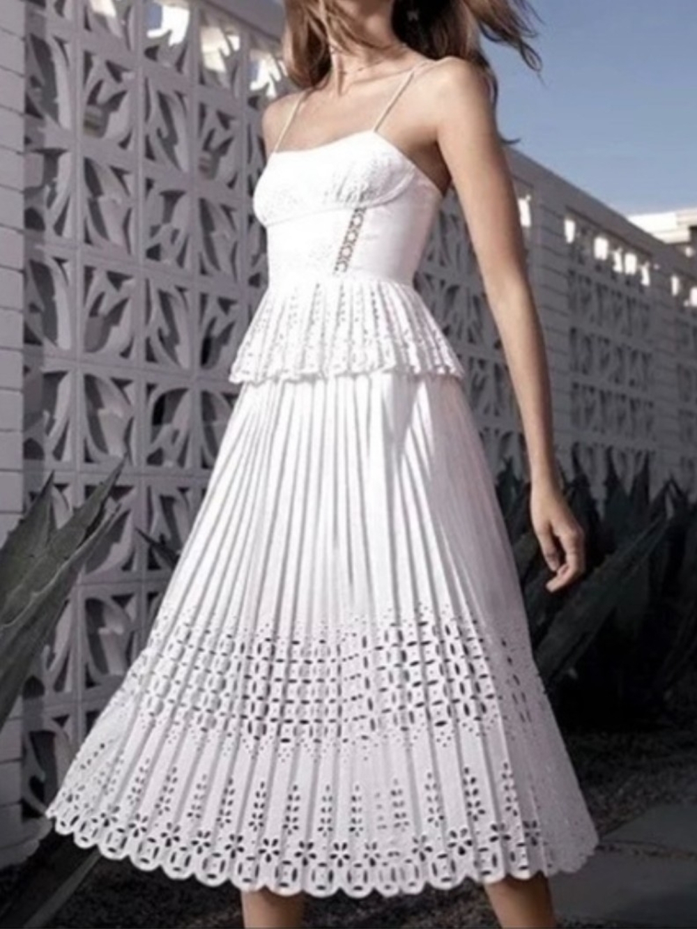 Gianni Bini White Eyelet Midi Dress with Spaghetti Straps Size 4 P2P 16